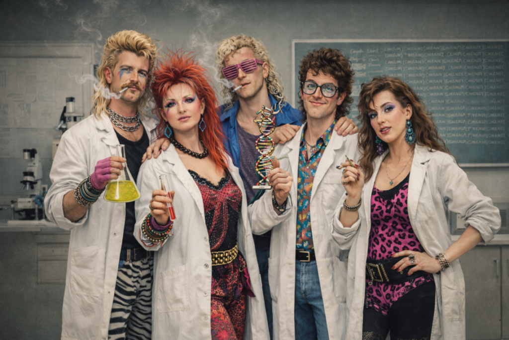 Figura 1: Genetistas de los años 80 preparándose para triunfar